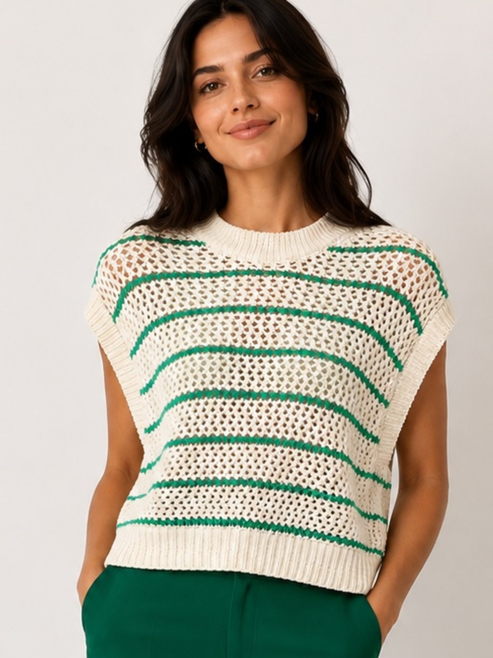 NWT Madewell Open Knit Sweater White Green stripes Cotton XS